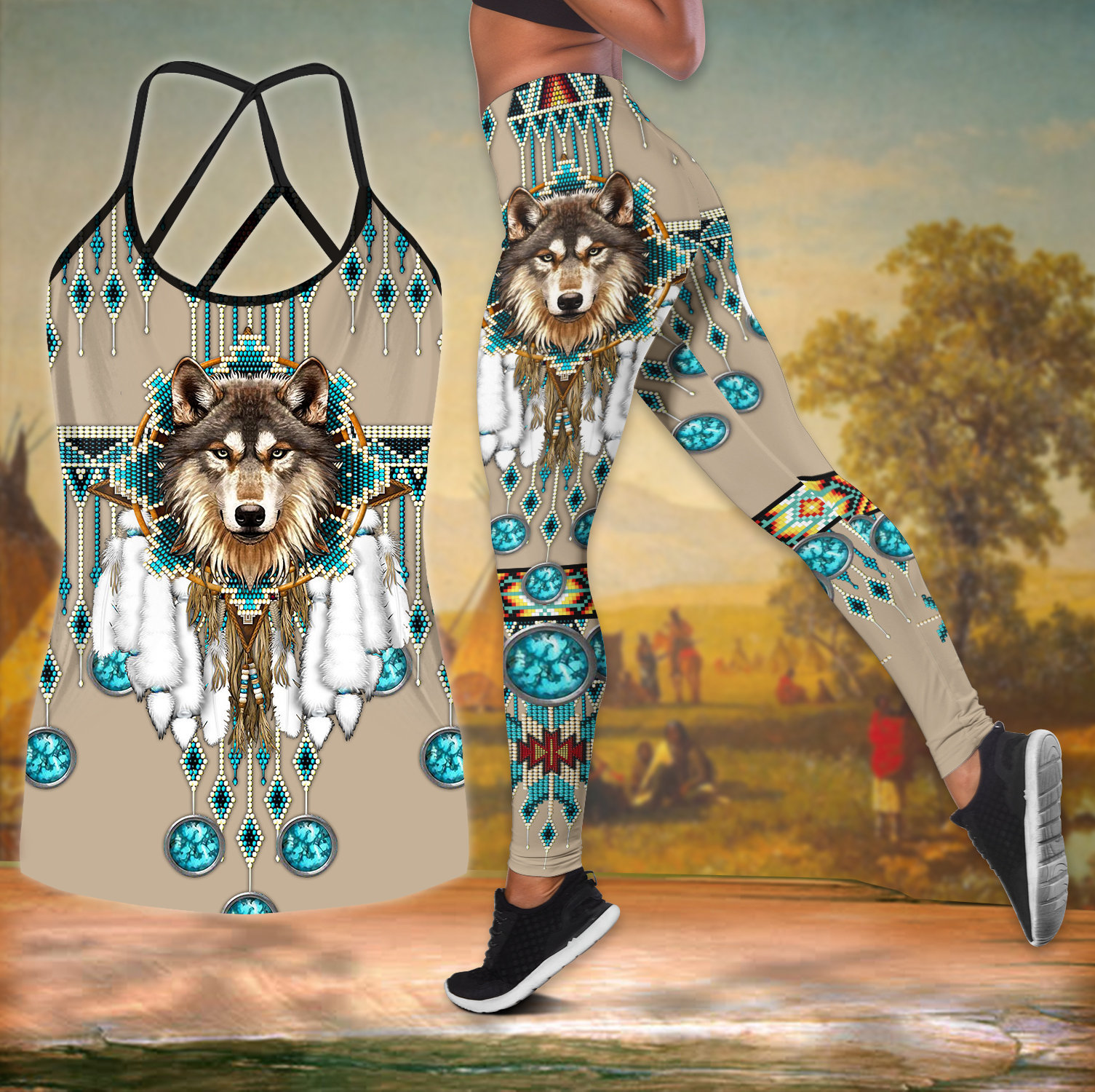 Amazing Native Wolf Girl Cross Tank Top Legging 3D