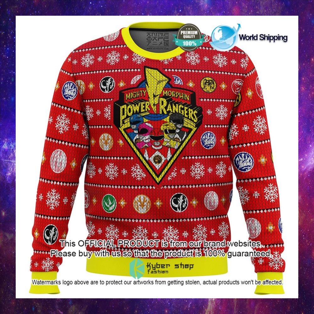 Mighty Morphin Power Rangers Red Yellow Christmas Sweater Word1