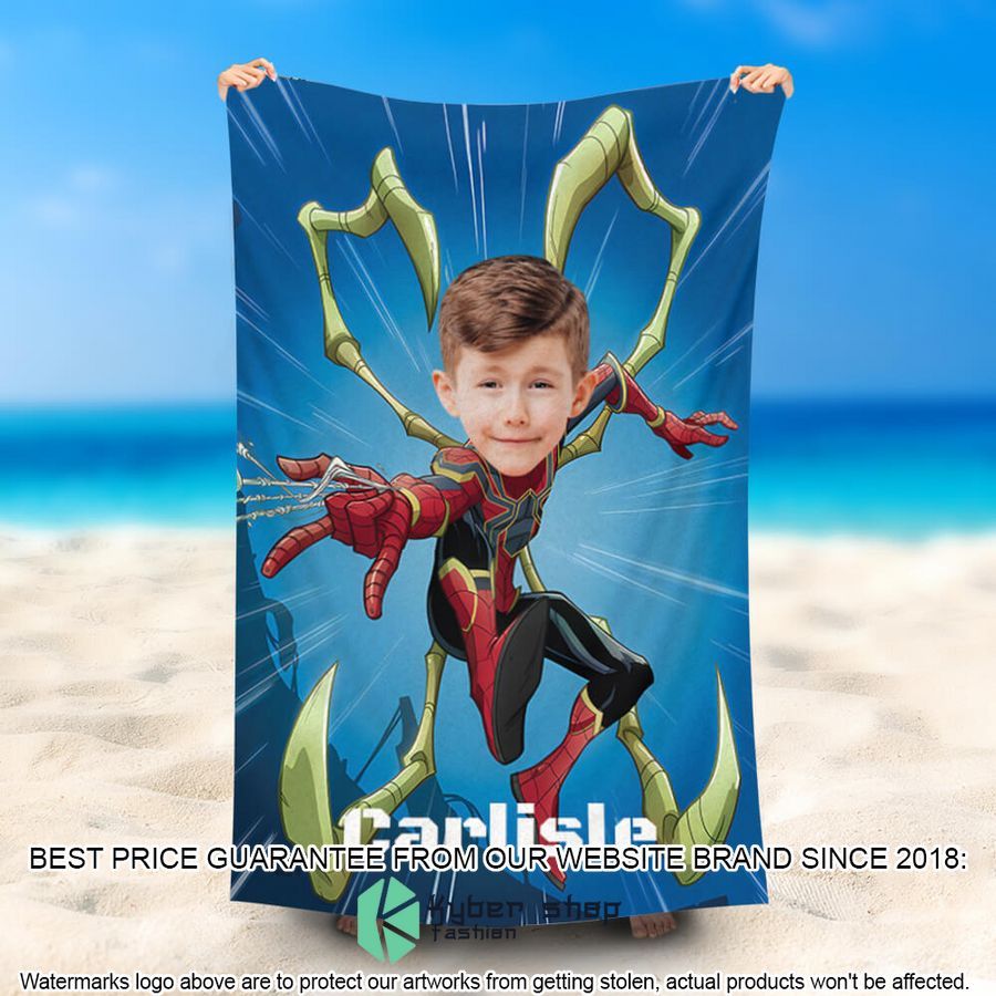Personalized Photo Flying Spiderman blue Beach Towel 24