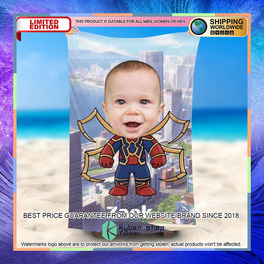 Personalized Photo Little Spider Boy Beach Towel 15