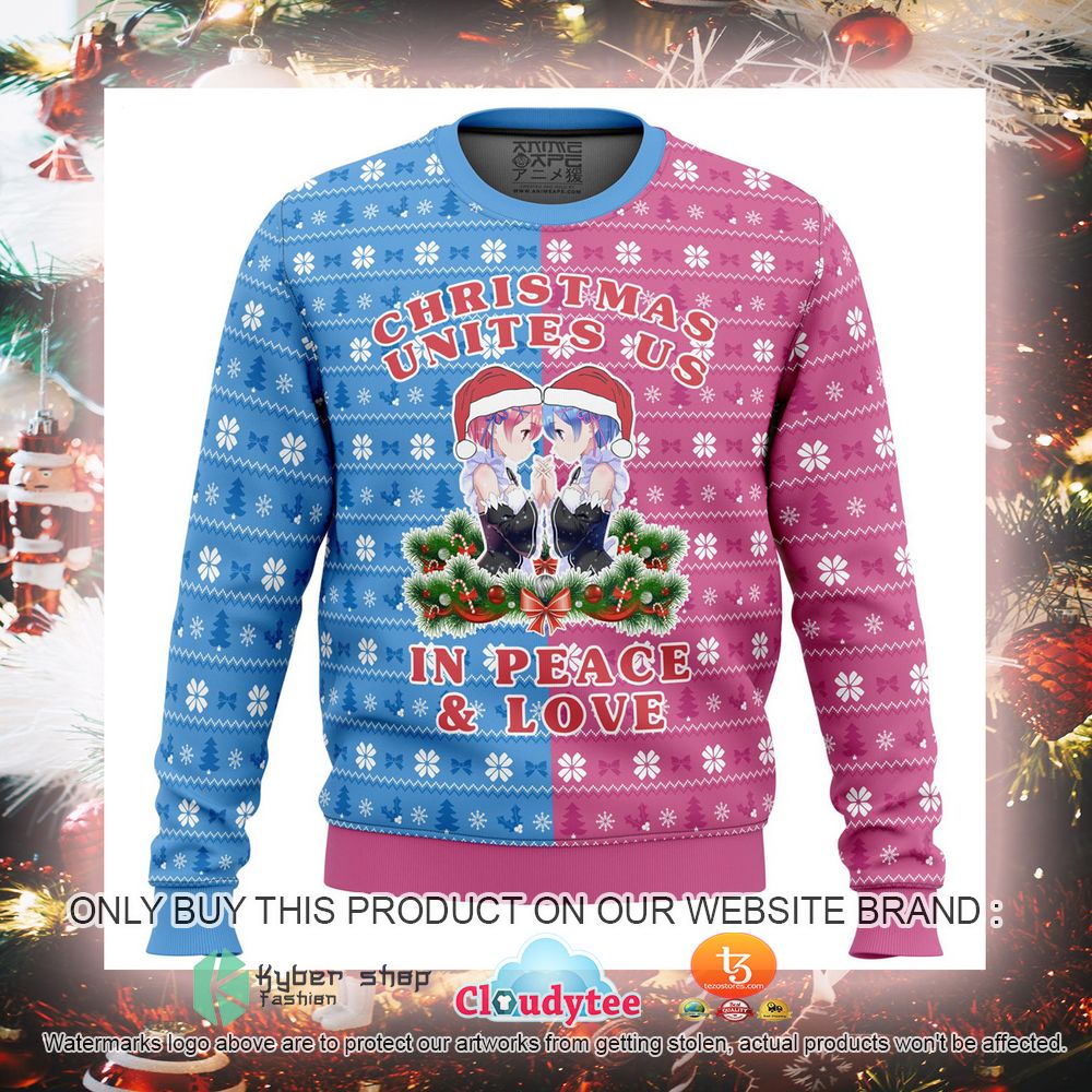 Re Zero Ram and Rem Christmas Unites US In Peace and Love Ugly Christmas Sweater 5